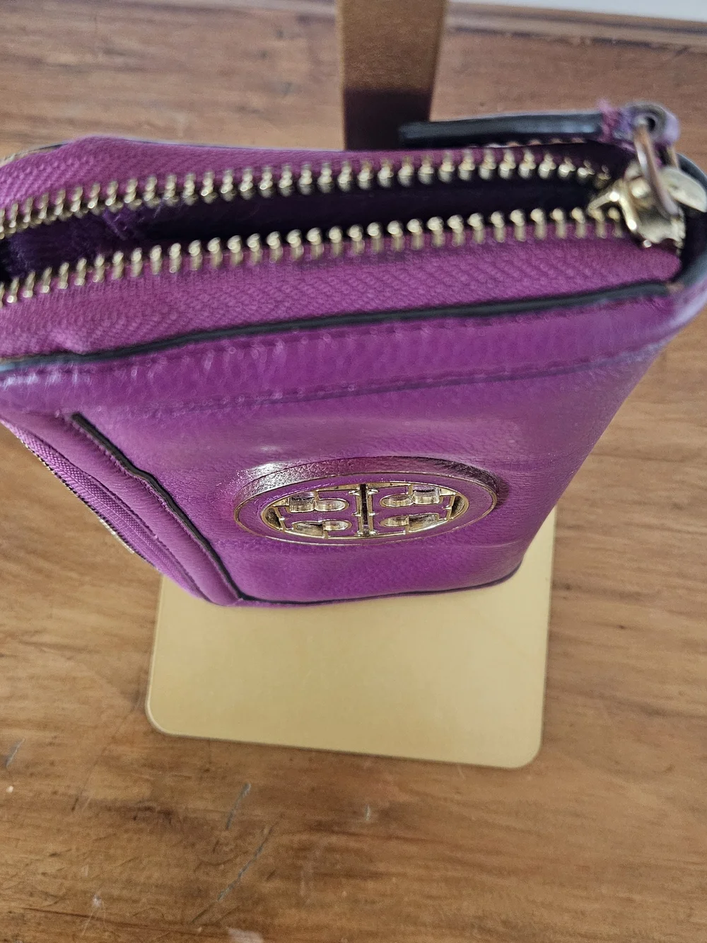 Tory Burch Magenta Leather Zip-Around Wallet with Gold Logo